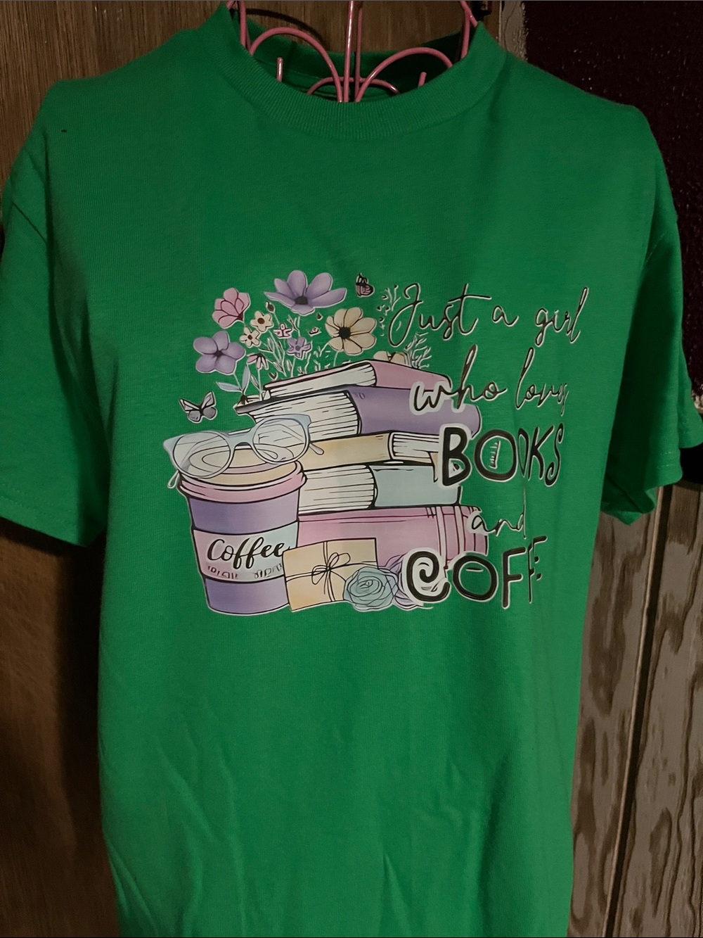 Green Graphic Tee "Just a Girl Who Loves Books and Coffee"